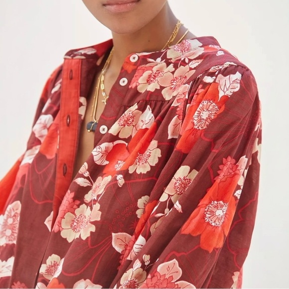 Anthropologie Porridge Floral Print Cotton 3/4 Puff Sleeve Blouse M Button Down - Picture 2 of 12